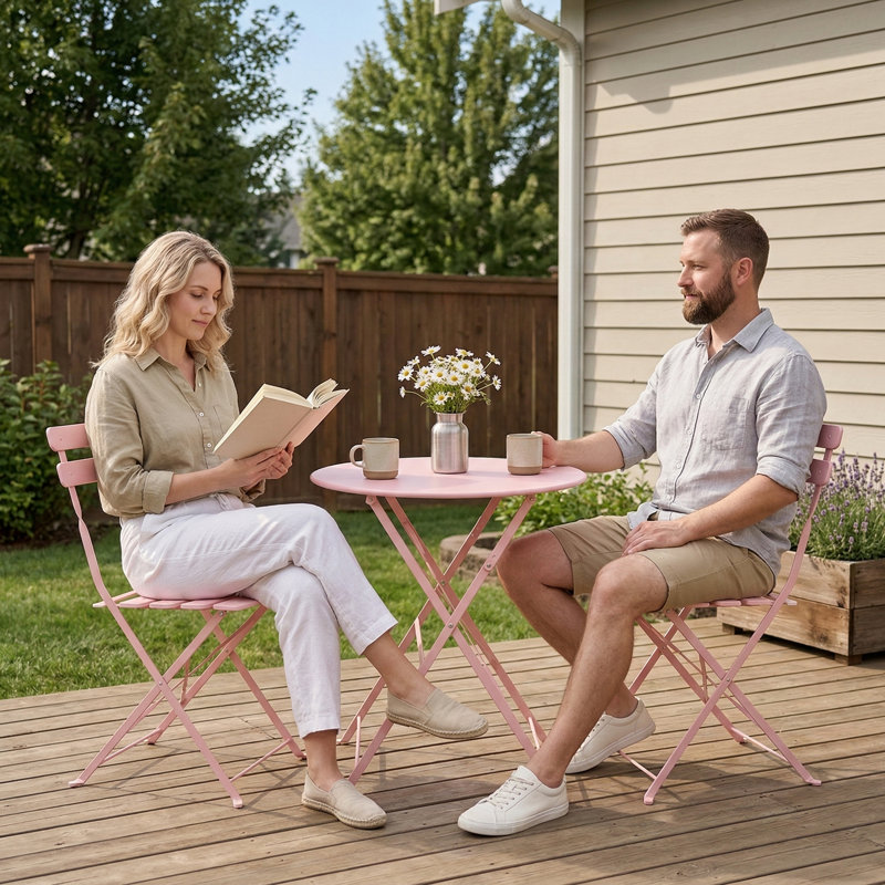 Three-Piece Patio Bistro Set Consisting of Metal Chairs and a Table - Pink Finish