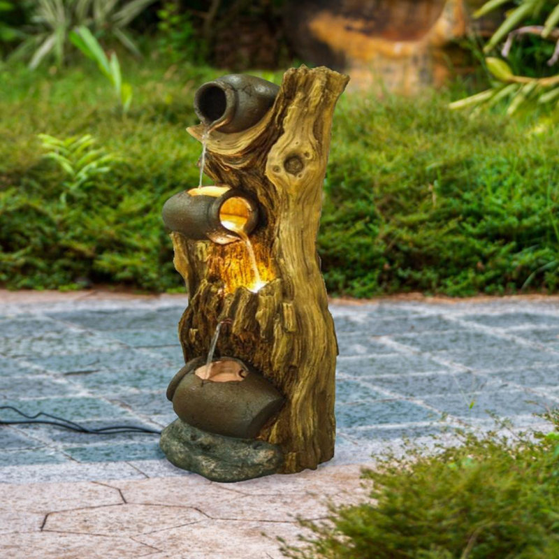 12.4x11.6x37.8" Decorative 3 Tier Tree Trunk Fountain with Lights and Pump