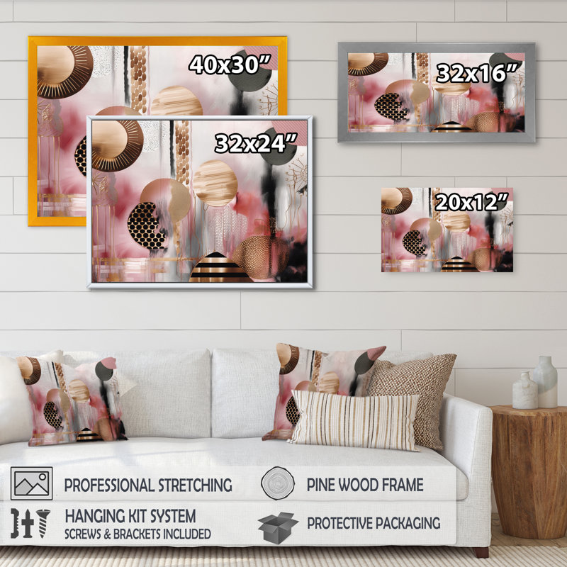 «Pink Gold Lines Scenery II - Modern Shapes», art mural transitionnel, L 20 po x H 12 po, Toile tendue