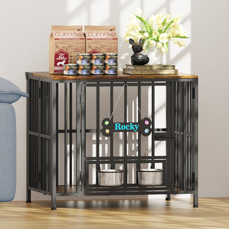 Large Foldable Dog Crate Furniture, Assembly-Free Dog Crate With Adjustable Bowls And Name Tag For Small, Medium, Large Dog