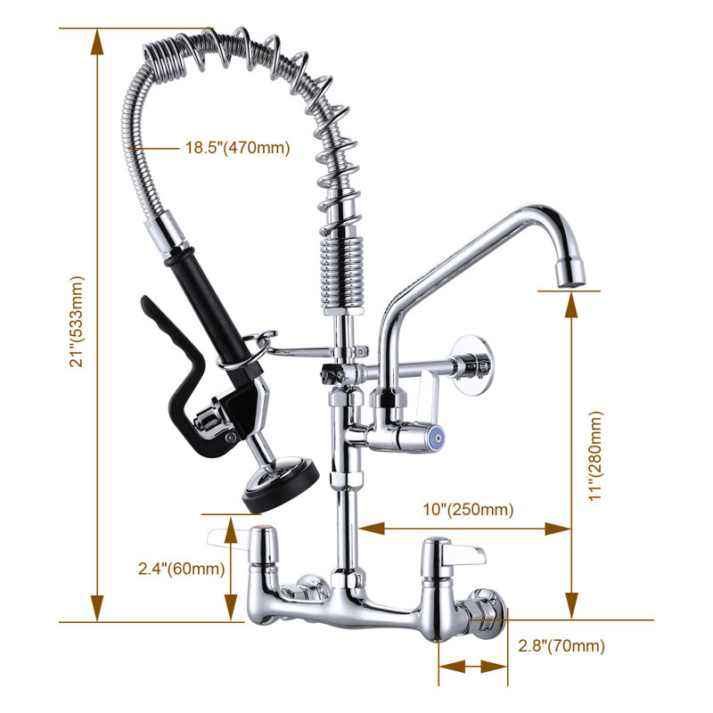 Commercial Triple Handle Wall Mount 21. Pull Down Sprayer Kitchen Faucet