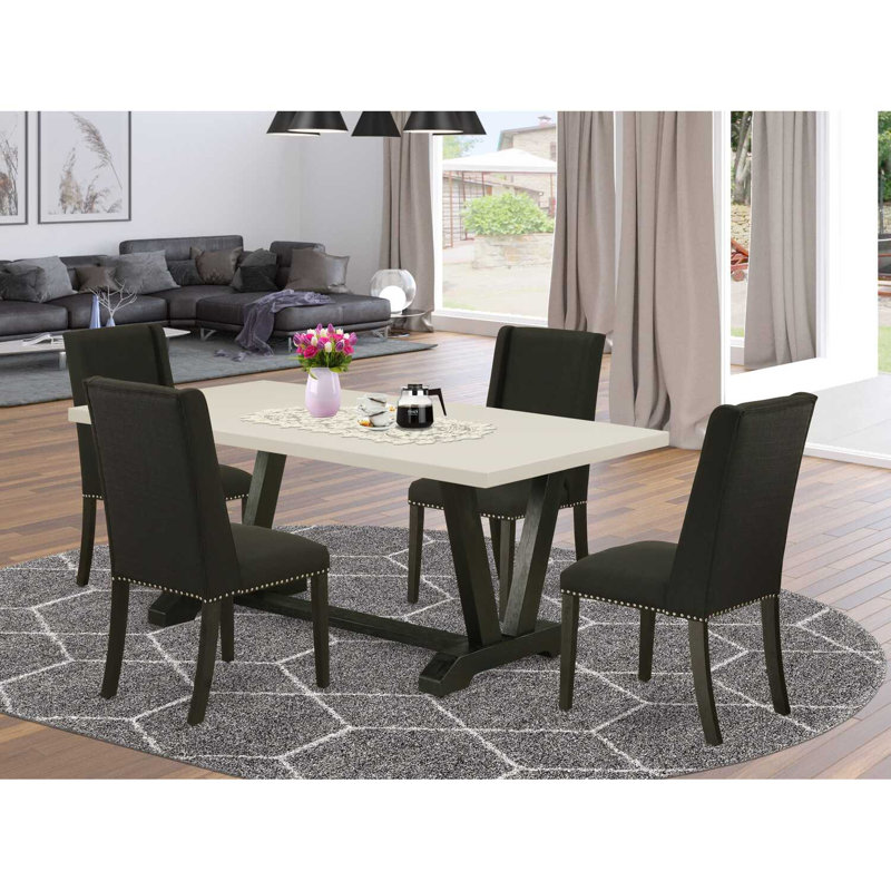 Table de salle à manger 5 pièces avec 4 chaises rembourrées et dossier en treillis, Noir, Noir brossé filamenteux, Lin blanc
