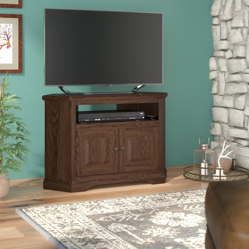Meuble télé de coin en bois massif pour téléviseur de 43 po ou moins Rafeef, Chêne moyen, Panneau de bois