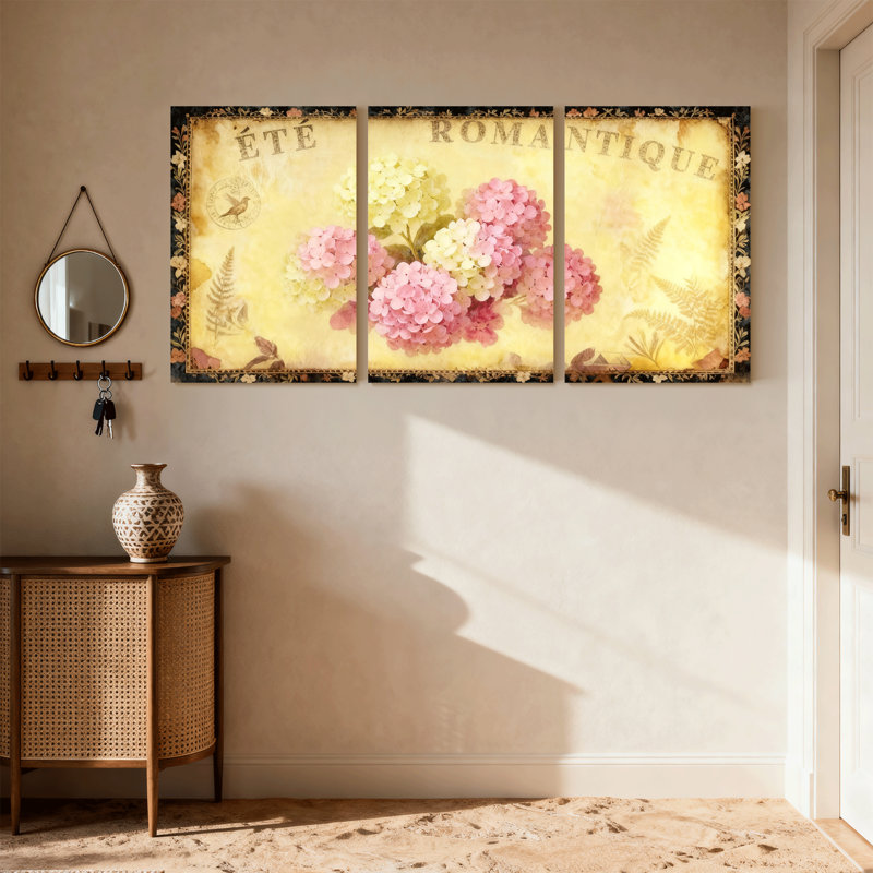 Hydrangea, romantique, été, motif floral rétro, ensemble de 3 impressions sur toile, H 24 po x l 48 po