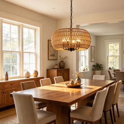 6 - Light Round Drum Hemp Rope Rattan Boho Chandelier, Natural Rattan Bohemian Pendant Light For Kitchen Island, Living Room-18.89"W x 68.69"H