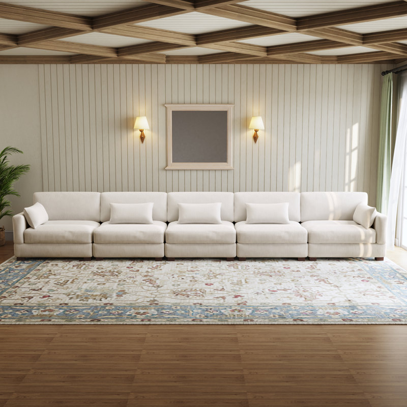 Maelina 5 - Piece Upholstered Beige Corduroy Modular Sectional Sofa with Pillow Back and Solid Wood Legs, Beige Corduroy