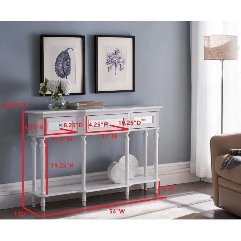 Kempas - Console en bois massif avec trois tiroirs de rangement et une tablette inférieure ouverte pour le salon ou le couloir d'entrée avec une conception intemporelle aux lignes simples et une construction classique fonctionnelle