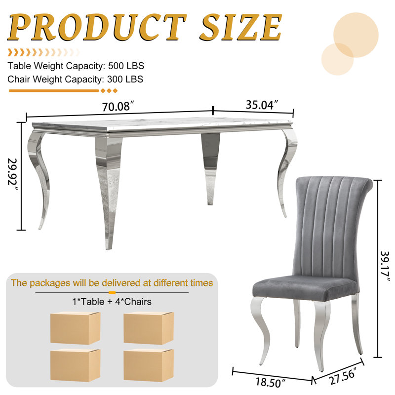 70" Large Rectangular Marble Dining Table, Elegant Faux Marble Kitchen Table With S-Shape Stainless Steel Legs, Luxury Dining Table