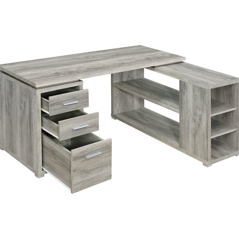 Bureau d'ordinateur gris en bois de grève en L 3 pour bureau avec ambiance côtière et compartiments de rangement spacieux, charme rustique, cinq tablettes amplement
