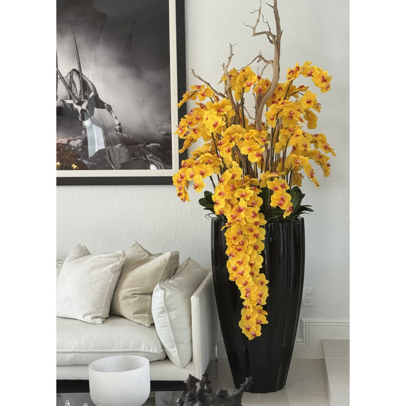 San Jose Planter In Glossy With Cascading Orchids, Black, Yellow
