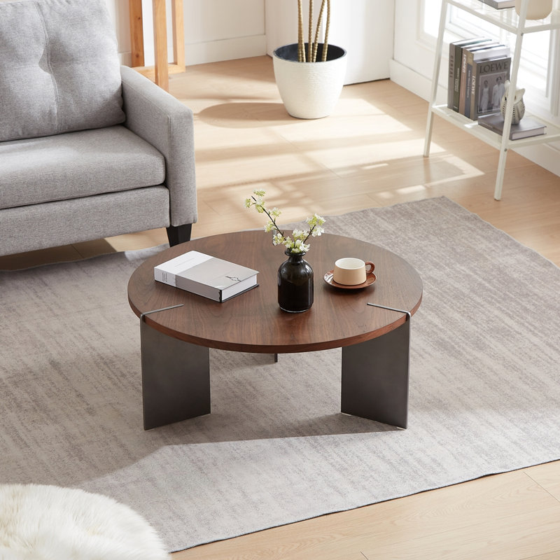 Élégante table basse ronde en bois avec pieds en métal, Marron foncé, Marron foncé
