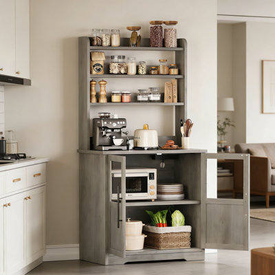63" Farmhouse Bakers Rack with Charging Station, Wooden Coffee Bar Cabinet with Glass Door Storage
