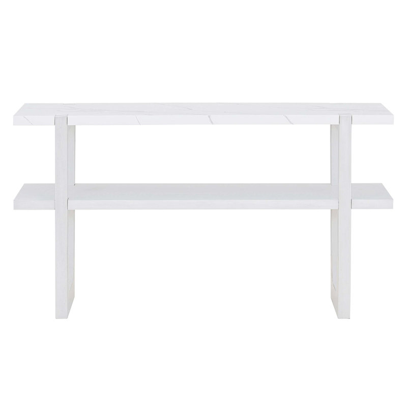 Narrow Console Table with Marble Effect Top, Retro Entryway Table with Open Shelf, Antique White