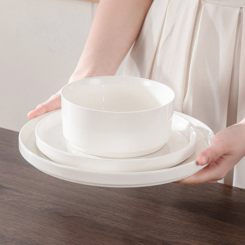 12-Piecee Porcelain Dinnerware Set, Dinner Plate, Dessert Plate And Bowl Set For 4 Person, Plain White, White