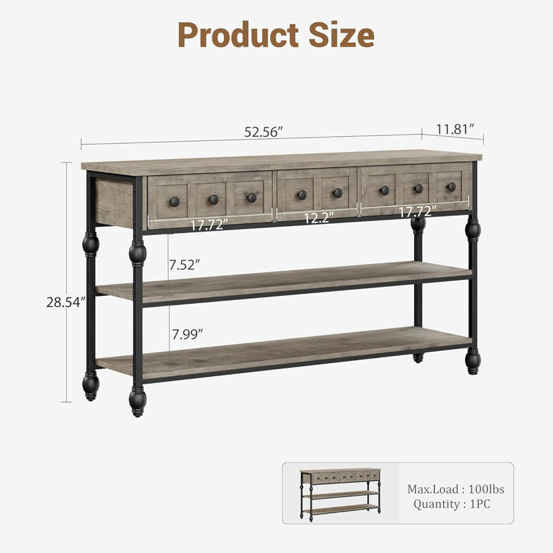 52'' Entryway Table Console Table with 3 Drawers Sofa Table Narrow Long with Storage Shelves Wood Accent Sofa Table with Storage Shelf for Living Room, Couch, Hallway, Foyer, Kitchen Counter