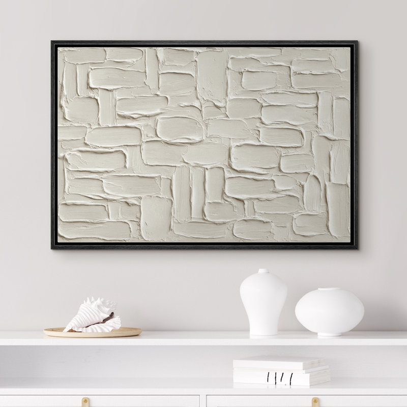 White Stone Block Pattern Wall Design Framed Canvas Master Bedroom Wall Art Work Print, 24" H x 36" W, Black