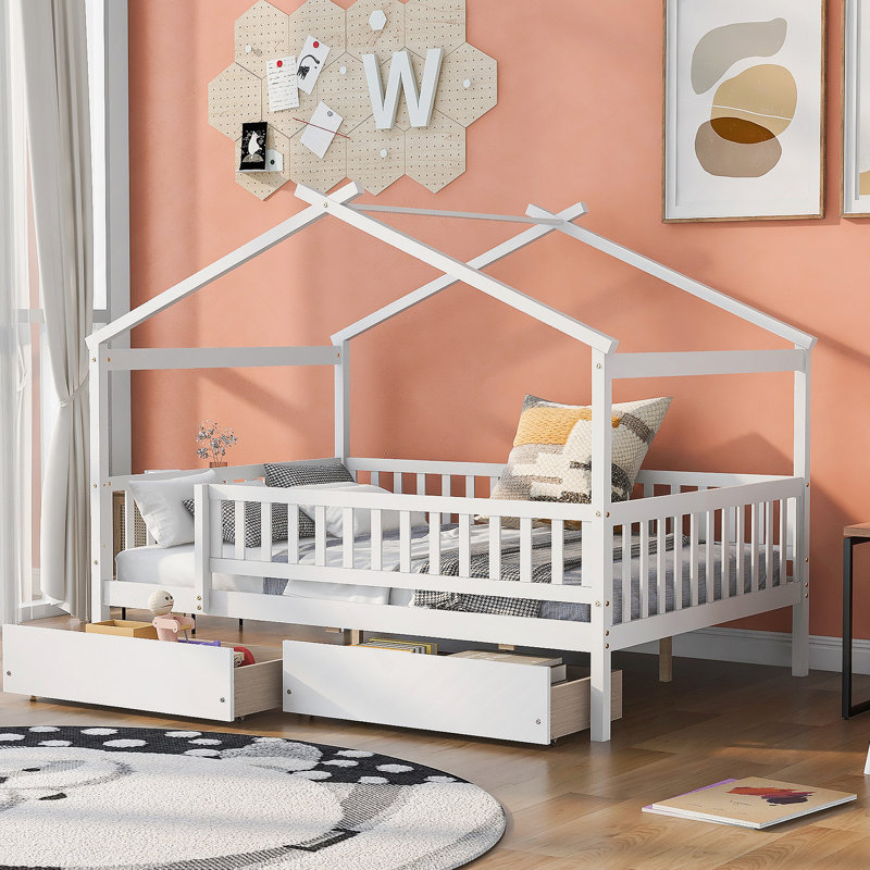 Wooden House Bed with Two Drawers