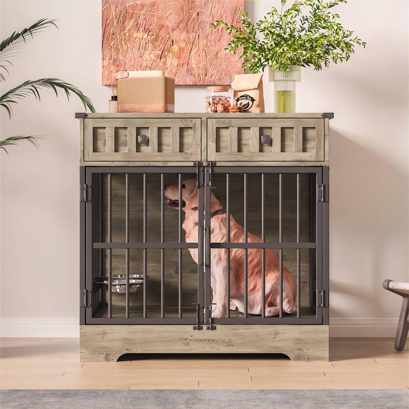 Meuble de rangement pour chien en bois 35,1 po avec 2 tiroirs, alternance, Gris brun