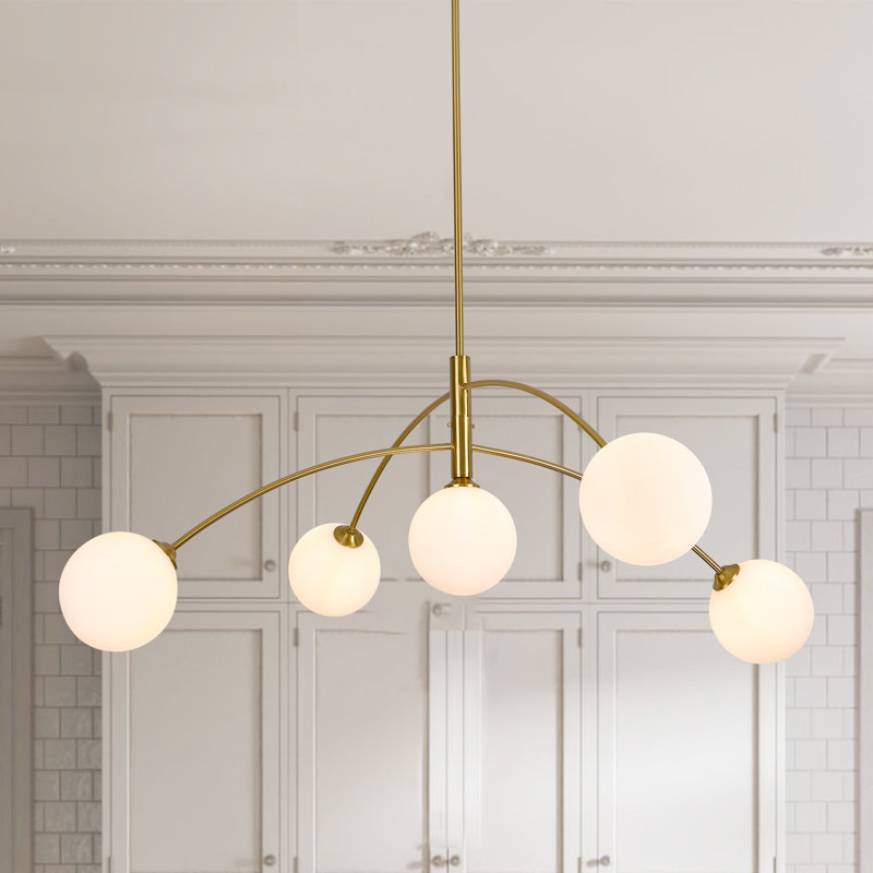 5 - Light Dimmable Modern Linear Chandelier, Gold, White