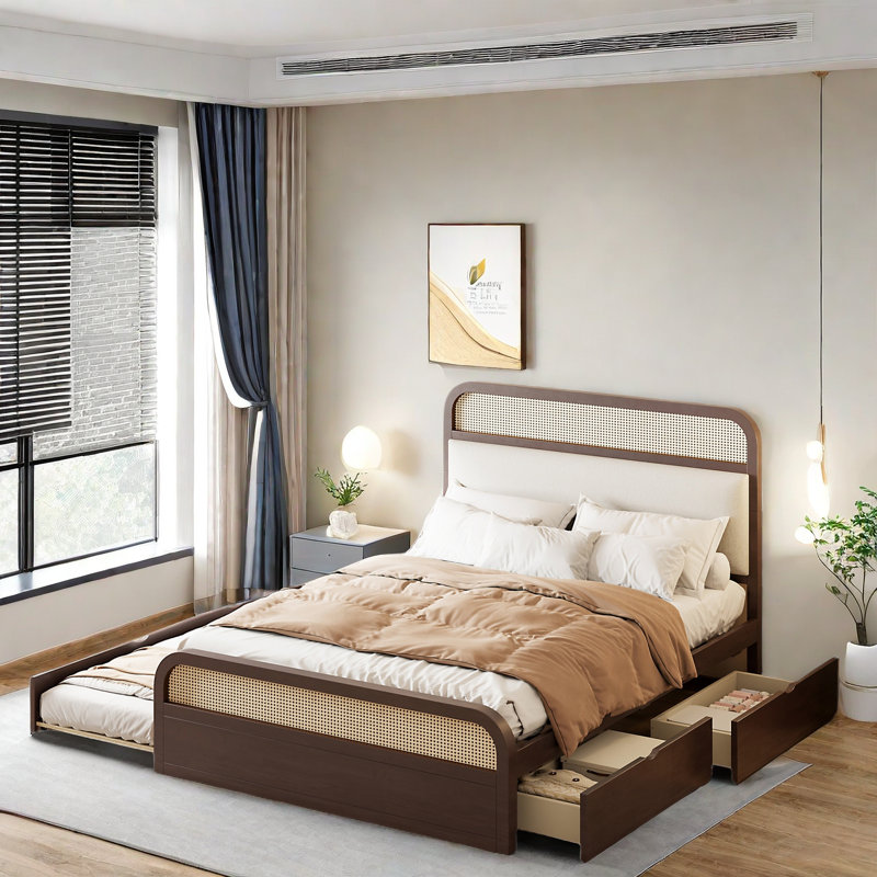 Auob  Wooden Platform Bed with Trundle and 2 Drawers, Espresso