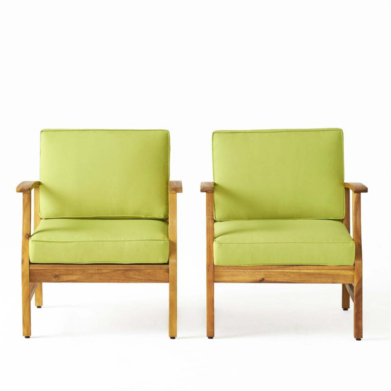 Acacia Wood Club Chairs with Green Cushions, Set of 2