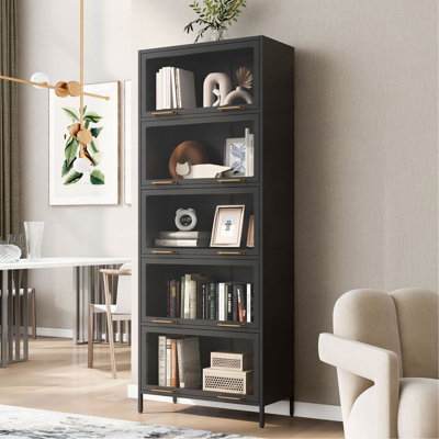 Vitrine de 76,75 po en fer avec portes en verre, bibliothèque en acier à 5 niveaux avec lumières à DEL pour objets de collection, vitrine de style moderne pour la maison, le salon, le bureau, la salle de jeux