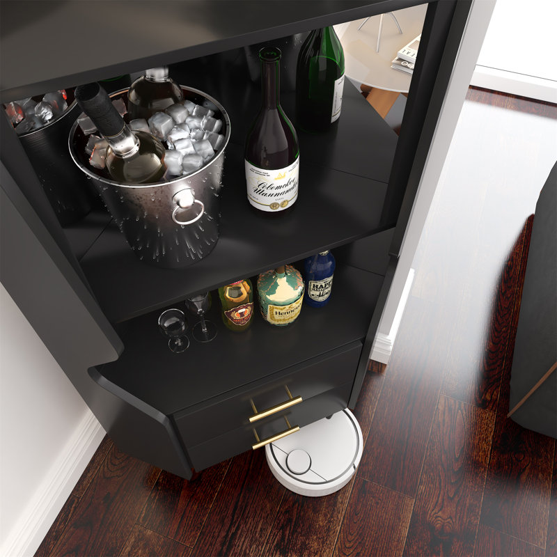 Bar en bois avec 2 tablettes de rangement ouvertes et 2 tiroirs, Noir