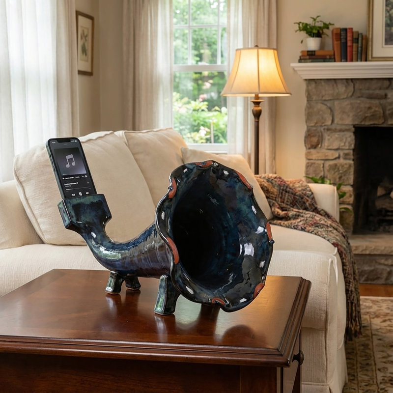 Amplificateur de téléphone en forme de Gramophone en céramique fabriqué à la main Clayspire, Crépuscule bleu sarcelle