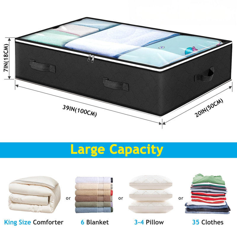 90L Under Bed Storage Containers, Closet Organizers And Storage Bins, Foldable Underbed Storage Bags, Black, Black