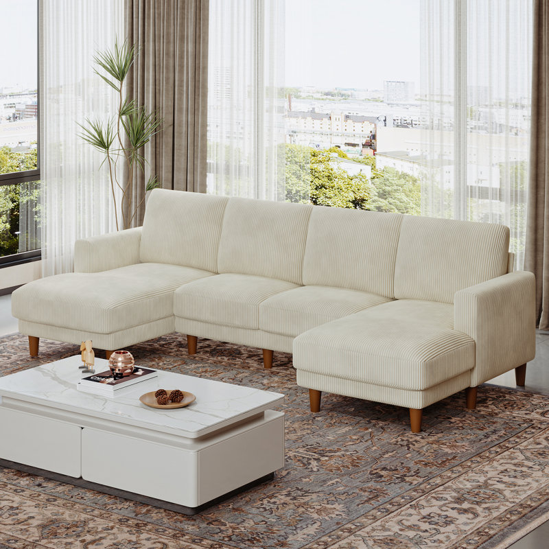 4 Seater Corduroy Sofa & Chaise, Beige