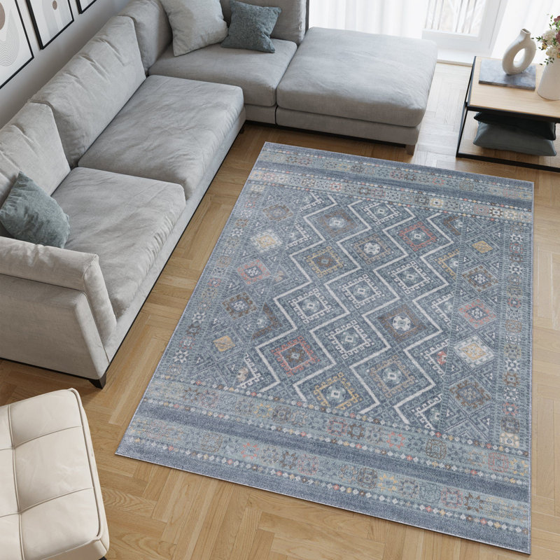 Machine Washable Alden Blue/Ivory Rug, Rectangle 5' x 8'
