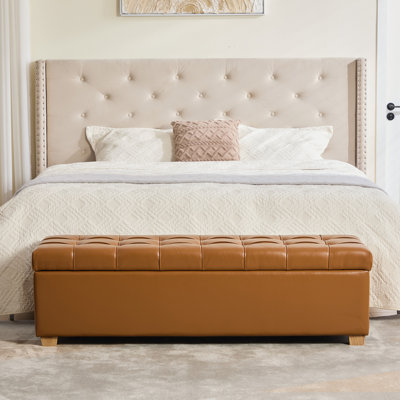 Banc de rangement rembourré en polyuréthane de 60,2 po de large avec repose-pieds capitonné avec repose-pieds pour salon, chambre à coucher, entrée, salle à manger, dortoir, coin, brun brûlé