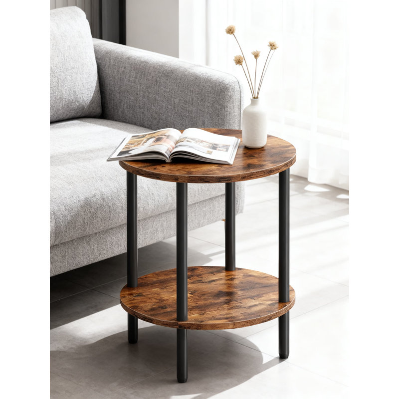 Table d'appoint ronde à 2 niveaux avec structure en métal, table de bout industrielle pour petits espaces, table basse multifonctionnelle et table de chevet pour le salon et la chambre à coucher
