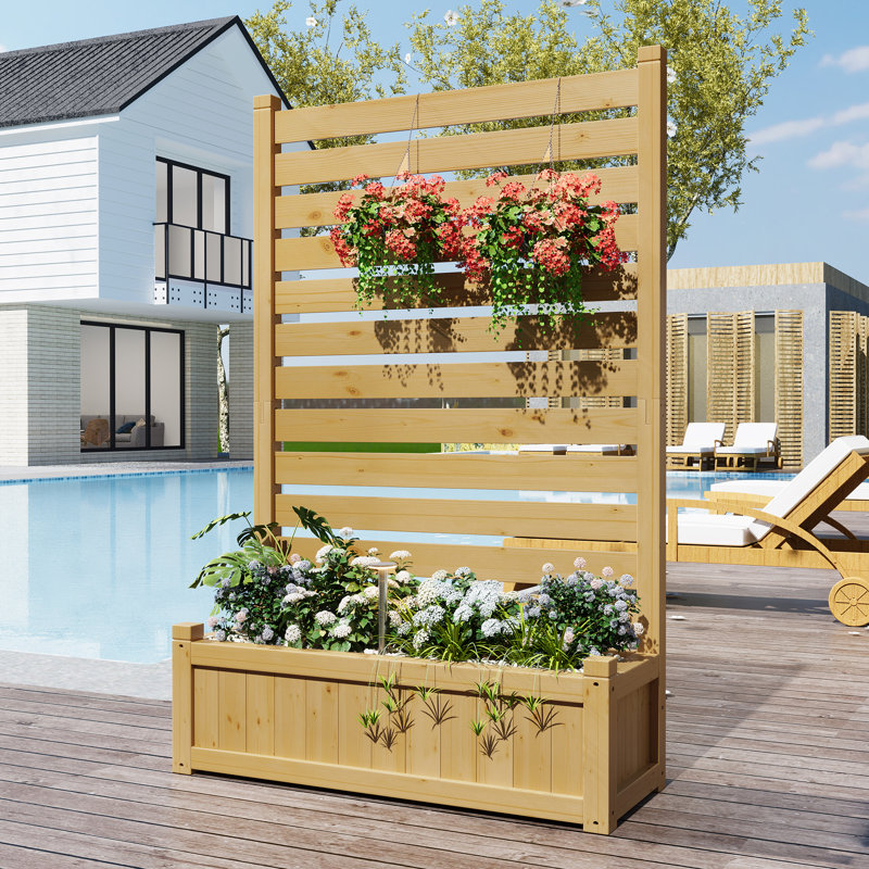 Écran de clôture d'intimité en bois massif avec bac à fleurs, installation sans creusage, conception de drainage pour le jardin, le patio et la cour