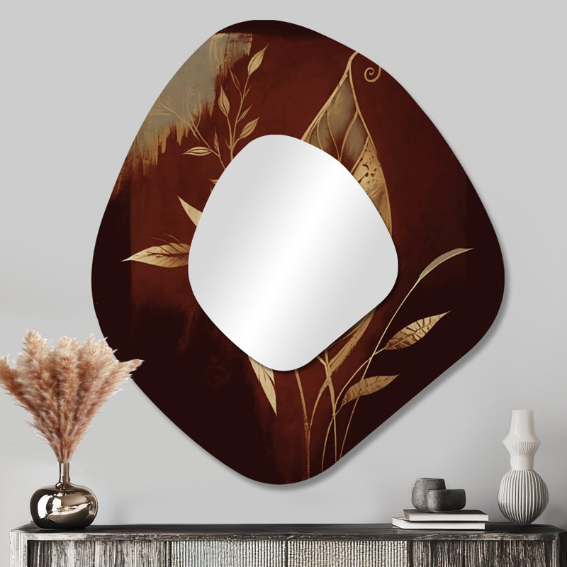 Guilford Terra Cotta Chocolate Leaves IV - Forest Unique Shape Mirror, Brown Asymmetrical Unique Wall Mirror, Printed Metal Art
