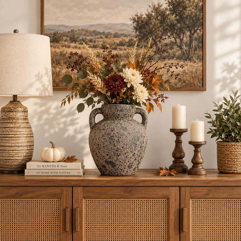 Vase de table rustique en terre cuite texturée avec poignées, idéal pour une entrée ou comme élément décoratif sur une étagère - Grand vase contemporain pour le salon ou la décoration intérieure - 33 cm