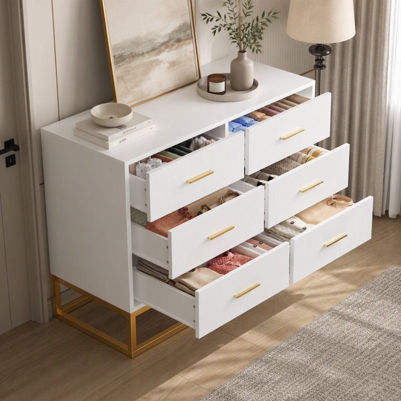 Commode moderne à 6 tiroirs avec pattes et poignées en métal, Gold+White