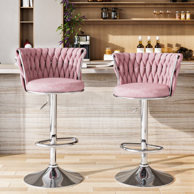 2 chaises de bar roses: dossier tissé, hauteur réglable, rotation à 360 degrés, repose-pieds stable, base circulaire en métal