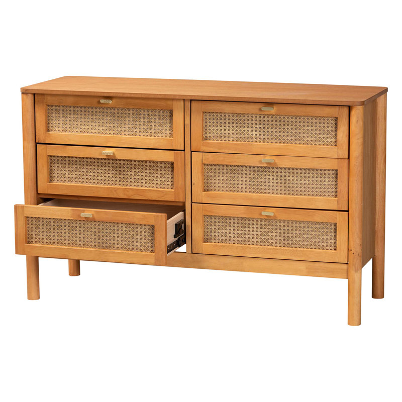 Commode à 6 tiroirs en bois brun doré et brun doré et rotin Betzayda Baxton Studio Jenn