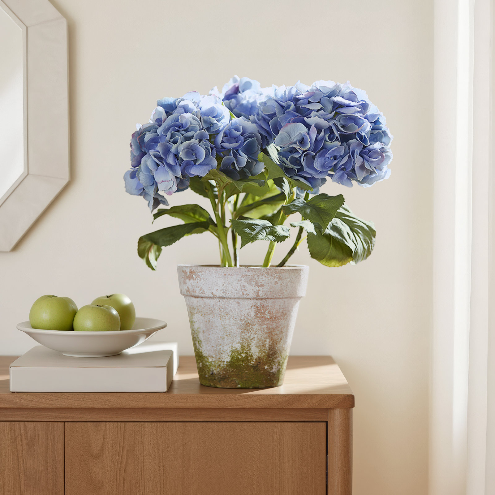Potted Faux White Hydrangea Floral Arrangement, Blue