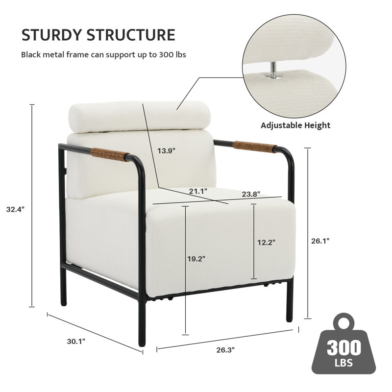 Sinobi Upholstered Accent Armchair with Metal Frame, White Chenille