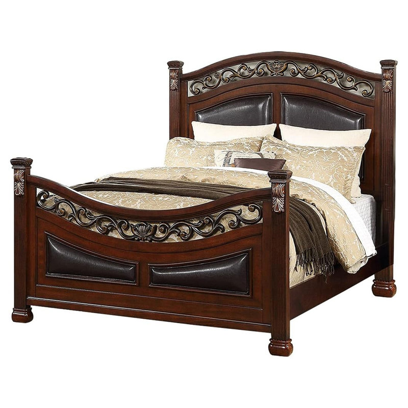 Meo  Bed, Padded Carved Dark Brown Faux Leather Upholstered, Queen