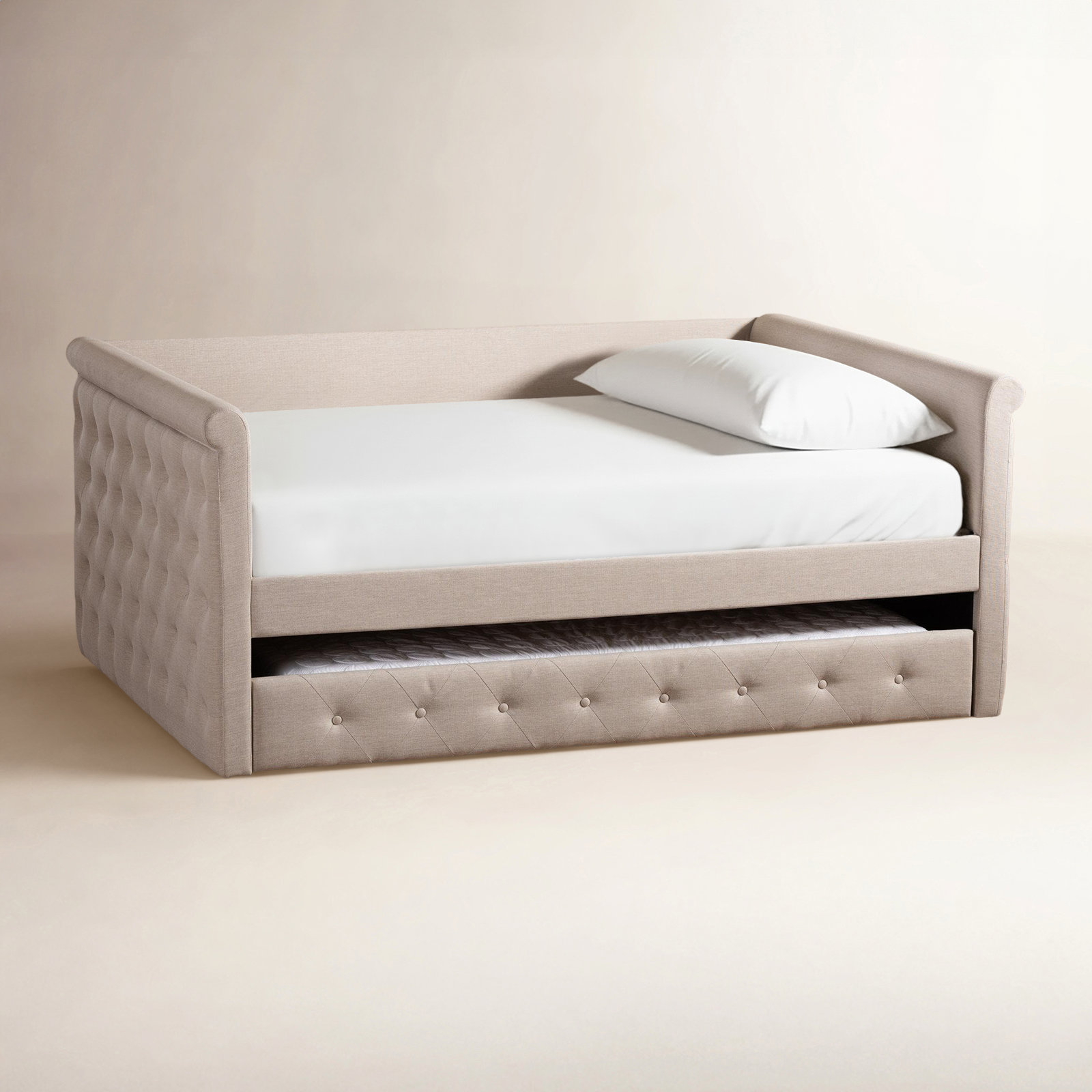 Samitha Upholstered Daybed with Trundle, Light Beige Velvet, Queen