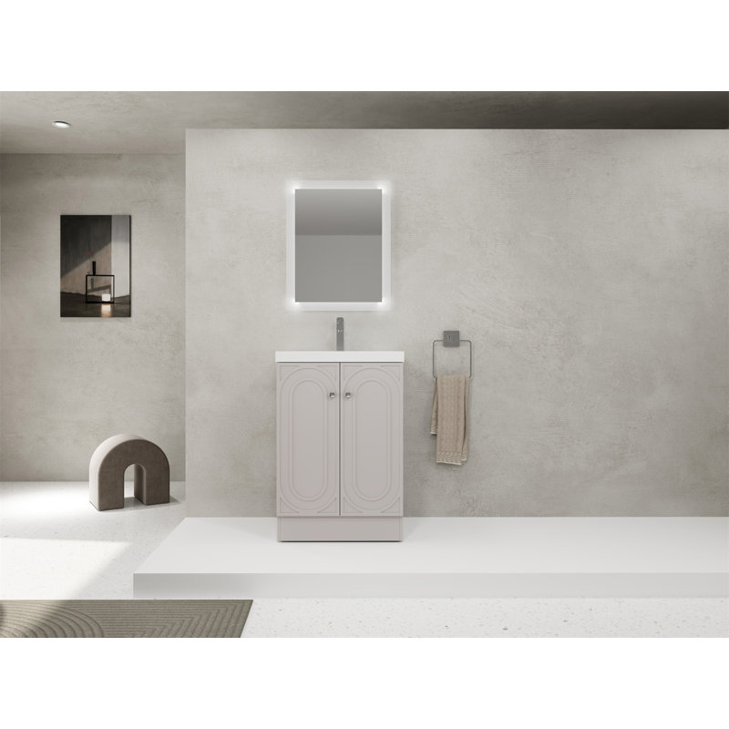 Meuble-lavabo autoportant avec lavabo en résine blanche et 2 portes d'armoire à fermeture en douceur, Kaki, Argent argent