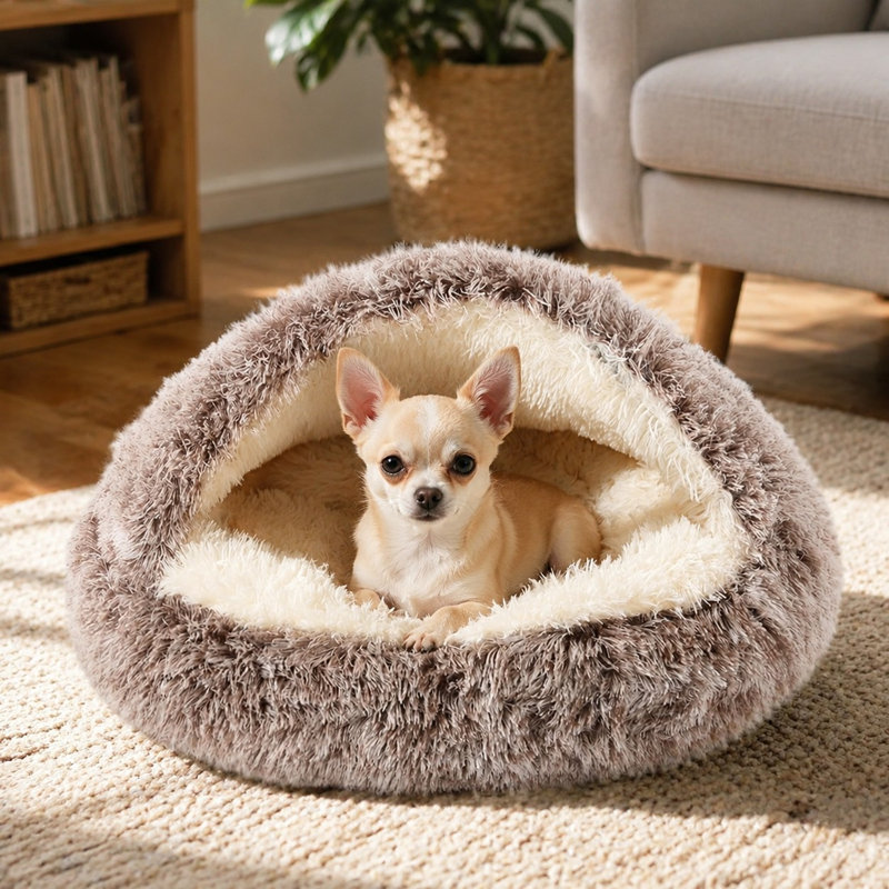 Lit-grotte en forme de beigne avec capuchon pour chats et petits chiens, doté d'une ouverture de capuchon réglable et d'une conception universelle pour chats et chiens, offrant un confort apaisant et décrit comme parfait pour les animaux qui aiment se blottir.