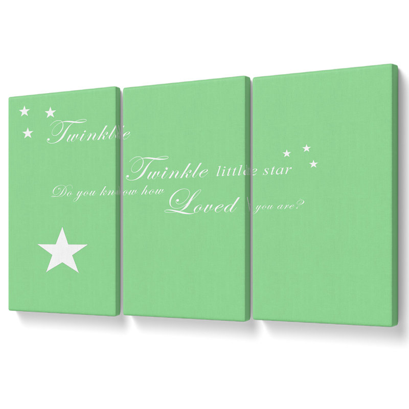 Nursery Quote Twinkle Twinkle Little Star 1 White Canvas 3 Panel Set, 101.6cm H x 203cm W, Green