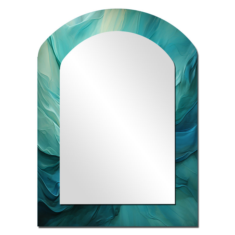 Turquoise Tranquility V - paysage mural décoratif asymétrique, miroir arqué moderne, impression d'art en métal, 34 po x 25 po