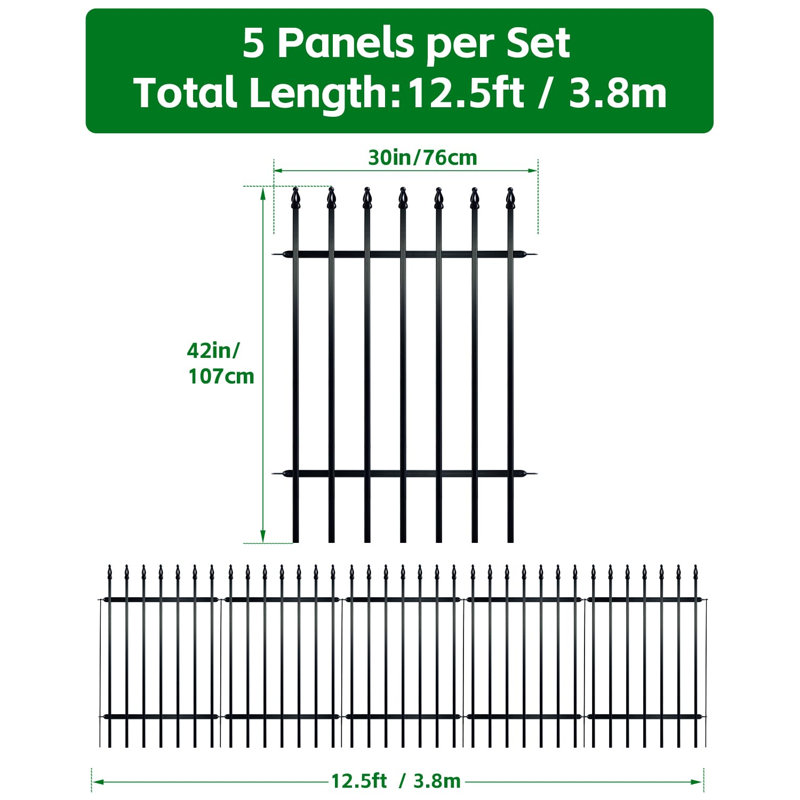 Outdoor Decorative Metal Garden Fence Panels Picket Design Anti-Rust Fencing Panels Animal Barrier, 5 Panels