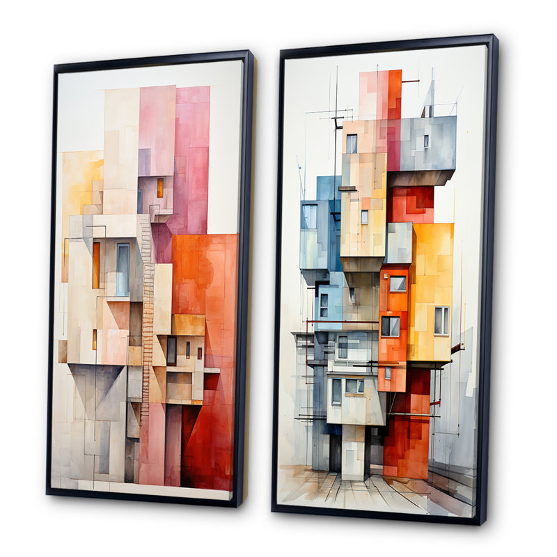 «Constructivism Construit Horizons I», 2 pièces sur toile, H 40 po x l 40 po, Cadre noir