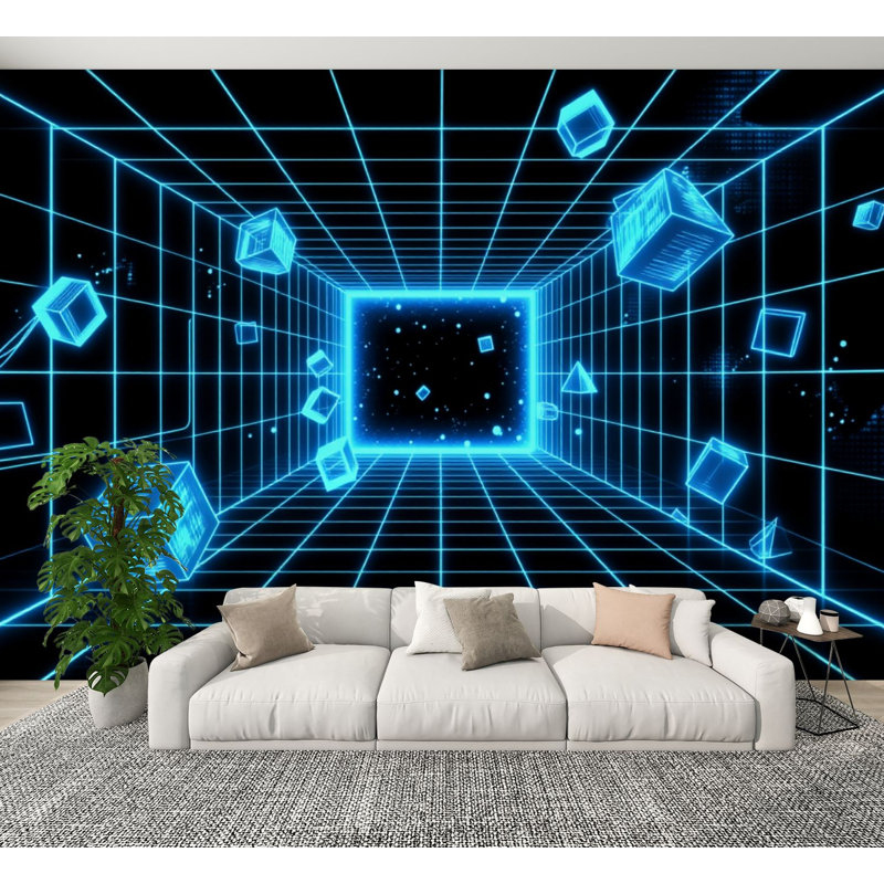 Papier peint adhésif néon à motif géométrique de tunnel flottant en forme de cube 3D néon H 100 po x l 144 po Papier mural amovible en PVC auto-adhésif pour chambre à coucher, salon, bureau à domicile